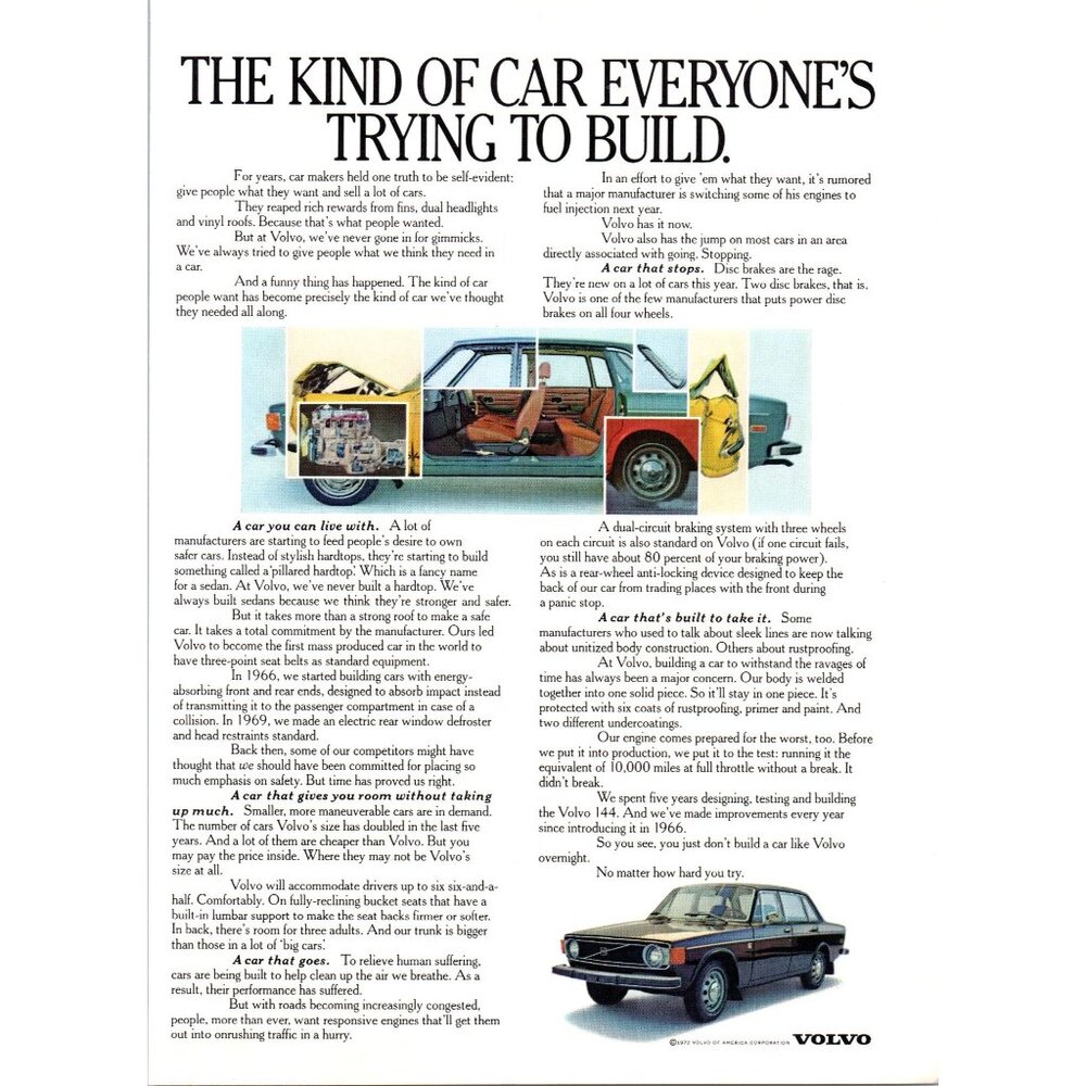 1973 Volvo 144 Sedan Vintage Print Ad Safety Cutaway Drawing Man Cave Wall Art